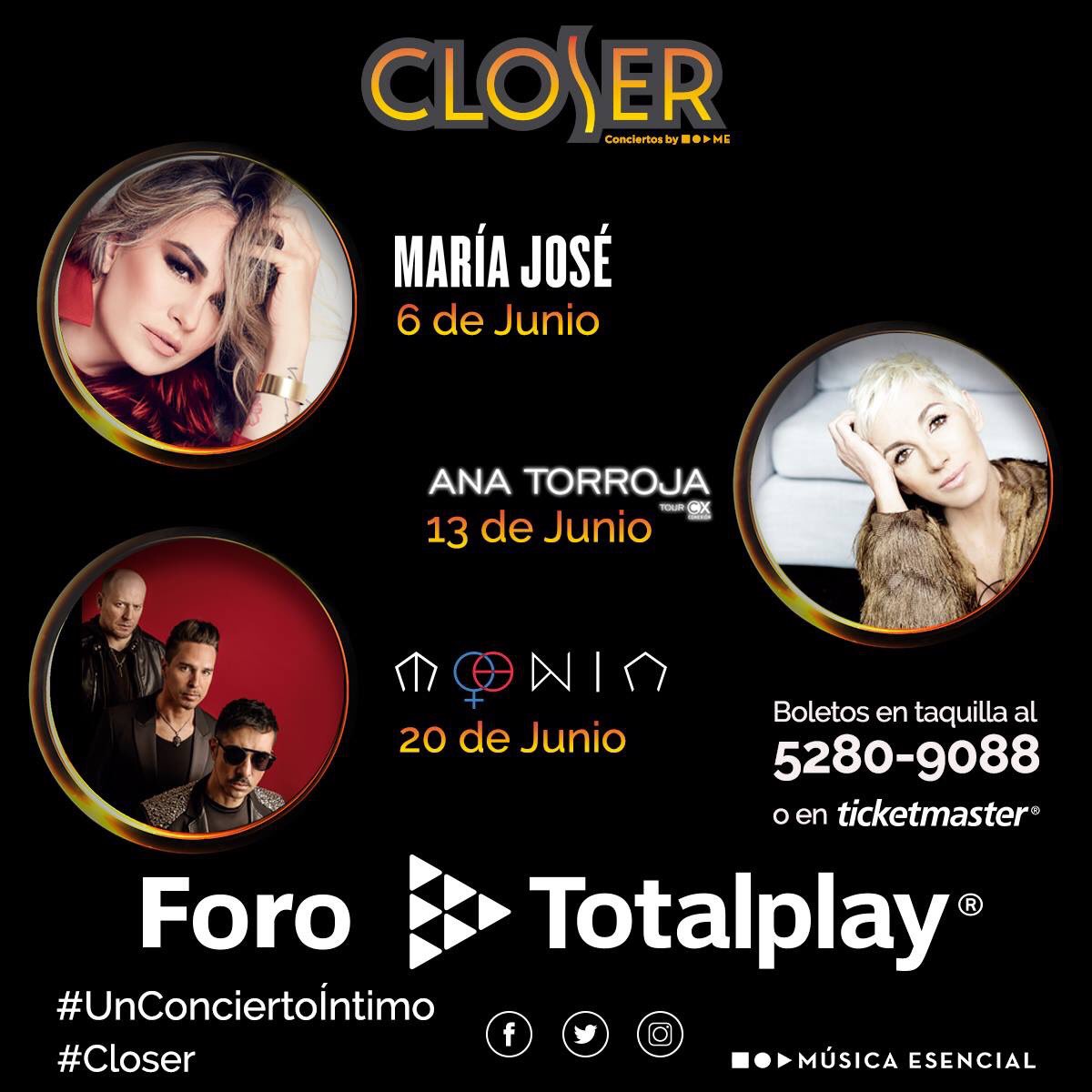 CloserConcierto's tweet photo. ¡3 conciertos que no te puedes perder!
#Closer #UnConciertoÍntimo en @Foro_Totalplay
@lajosa 6 de Junio https://t.co/3BPCR0jU9n
@Ana_Torroja 13 de Junio https://t.co/yYwnOCMbsj
@MoeniaMx 20 de Junio https://t.co/QqFO6Hpfpa
Boletos en taquilla 52809088 o @Ticketmaster_Me https://t.co/kx8Hwq8Jjw