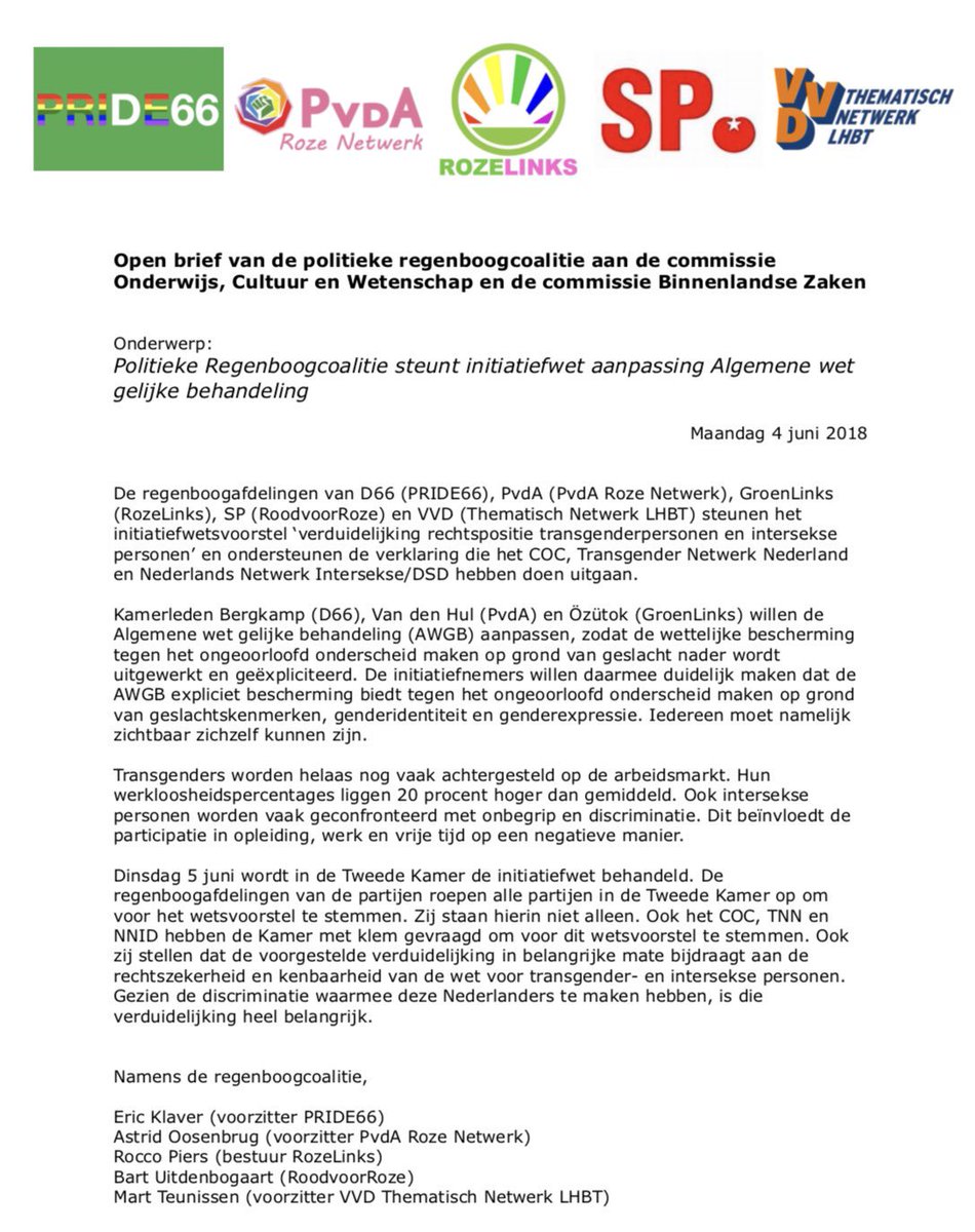 ✊🏳️‍🌈 Wij schreven samen met @VVD_LHBT, PRIDE66, <a href="/RozeLinks/">RozeLinks</a> en Roze in Rood een brief aan de commissies #OCW en Binnenlandse Zaken met betrekking tot het wijzigen van de #Awgb. Dit voorstel wordt morgen besproken in de Kamer. Lees het voorstel hier: zoek.officielebekendmakingen.nl/kst-34650-6.ht…