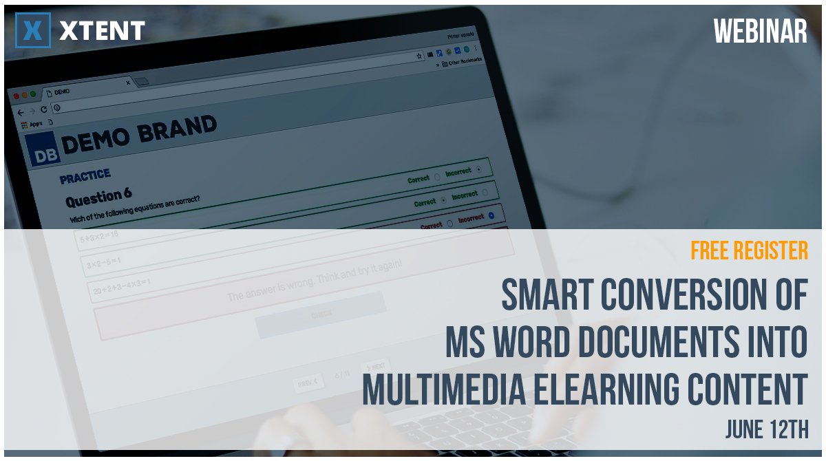 xtentBySeinet's tweet photo. Join us for a free #Webminar to see how you can embed audios and videos in #MSWord documents to generate rich #eLearning content #scorm #imscc #qti #pdf #MathML
https://t.co/IHf71tPgli https://t.co/GLyl1iD0wj