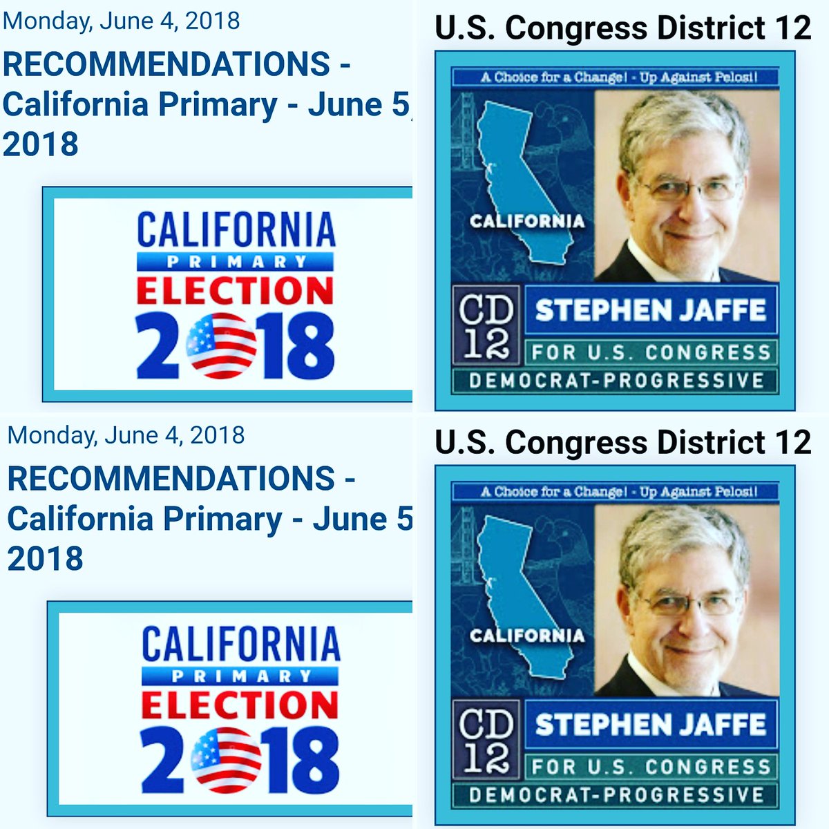 Jaffe4Cali's tweet photo. Remember to vote on June 5th! #vote #jaffe4congress #ProgressiveSurge https://t.co/f7BDk0BDSH