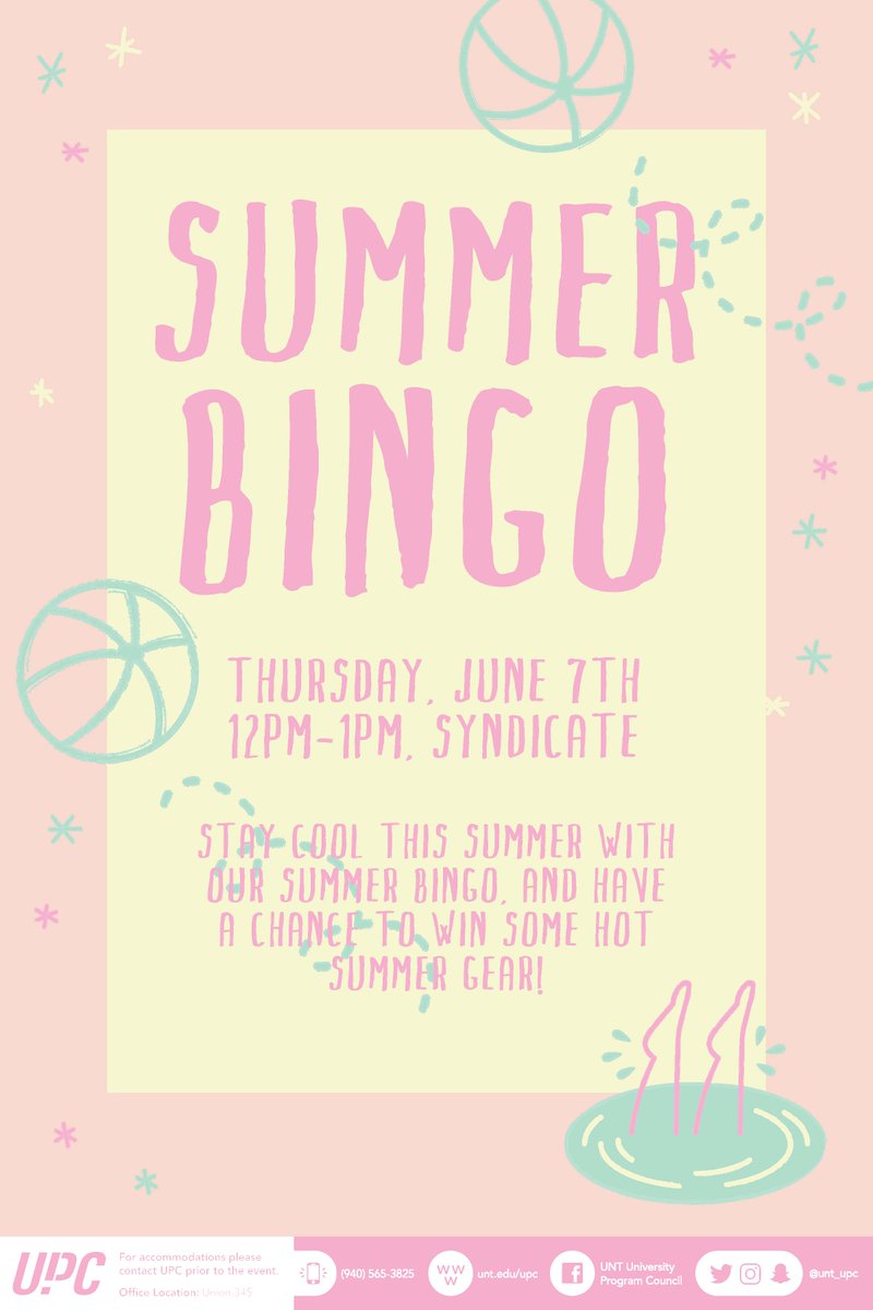 UNT_UPC's tweet photo. Get lucky and win some cool summer gear at Summer Bingo on Thursday from 12-1pm in the Syndicate! #UNT https://t.co/IqWyhAXTgh