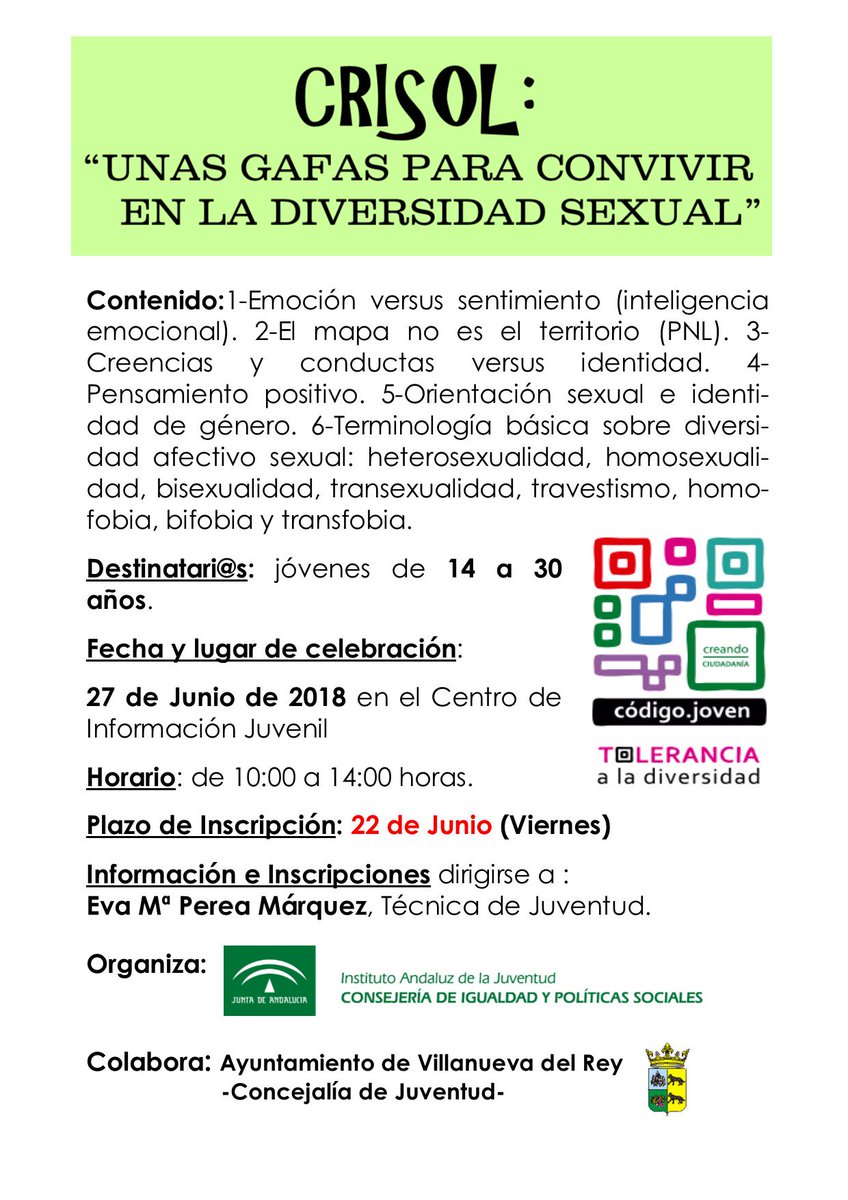 Villanueva del Rey (@aytovvadelrey) on Twitter photo "Crisol: Unas gafas para convivir en la diversidad sexual" 27 de Junio en el CIJ de #VillanuevadelRey #CódigoJoven <a href="/IAJuventud/">Instituto Andaluz de la Juventud</a> <a href="/JuntaCordoba/">Junta Córdoba</a> @Normopata "Crisol: Unas gafas para convivir en la diversidad sexual" 27 de Junio en el CIJ de #VillanuevadelRey #CódigoJoven <a href="/IAJuventud/">Instituto Andaluz de la Juventud</a> <a href="/JuntaCordoba/">Junta Córdoba</a> @Normopata