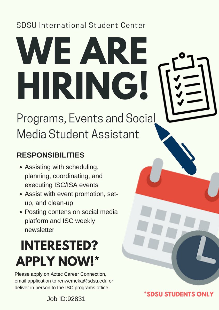 SDSU_INTL's tweet photo. Looking for a part time job in the ISC! Apply on Aztec Career Connection and search by the job ID 92831. Email application to internationalevents@sdsu.edu or deliver in person to the ISC program office. https://t.co/iR6CnODjXW