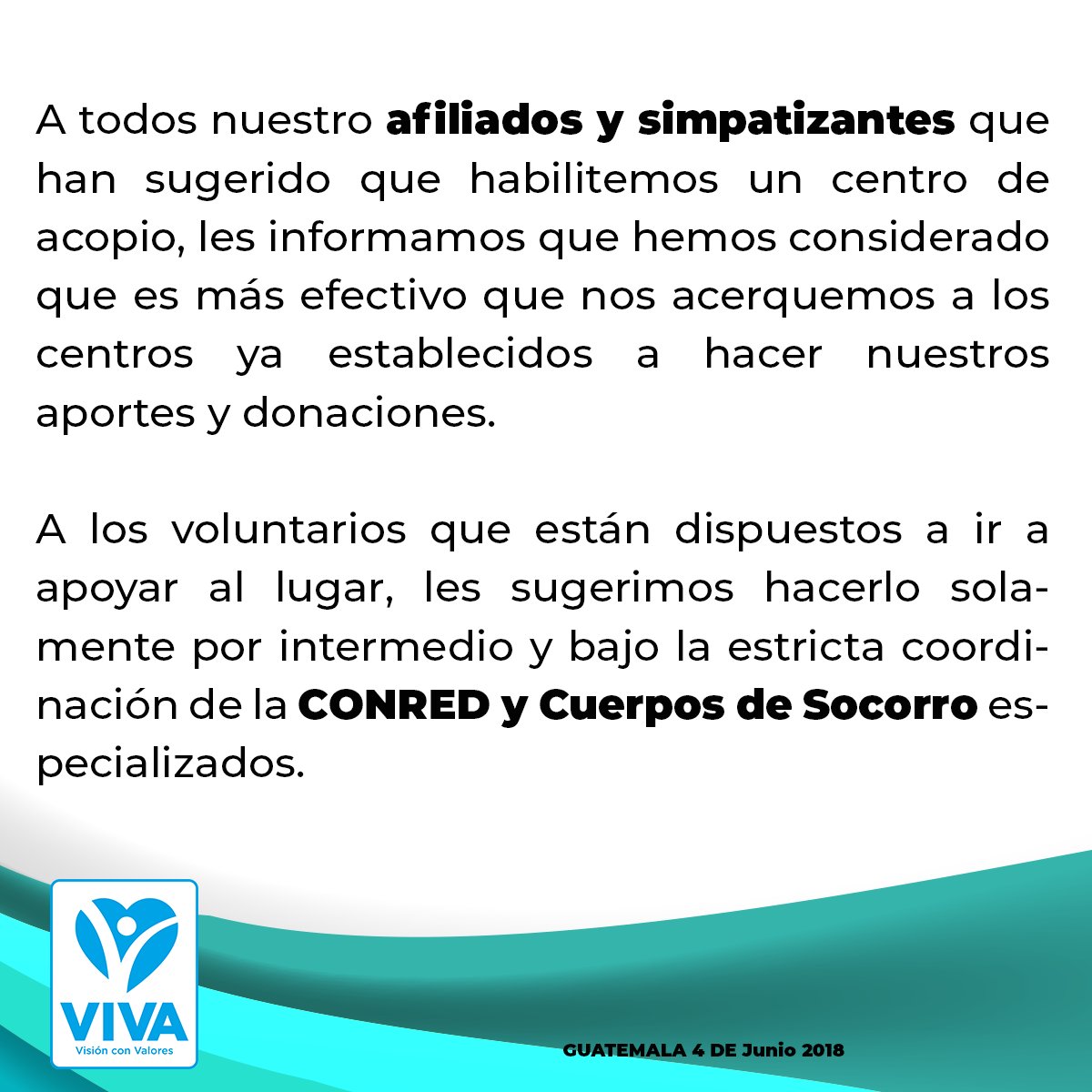 Partido_VIVA's tweet photo. Vamos Guatemala, podemos ayudar al prójimo! #EnDiosConfiamos.  #TragediaVolcan #VIVAGuatemala https://t.co/UUng61wfV6