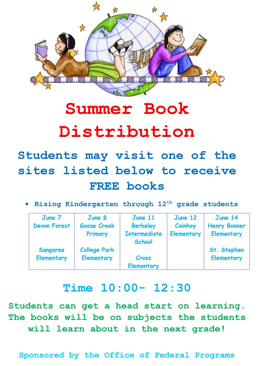 bcsdschools's tweet photo. Berkeley County School District wants all students to have the opportunity to prepare for the next grade level. With that in mind, the BCSD Office of Federal Programs is hosting several summer book distribution events during the month of June. INFO BELOW https://t.co/0YcY2T8zVE