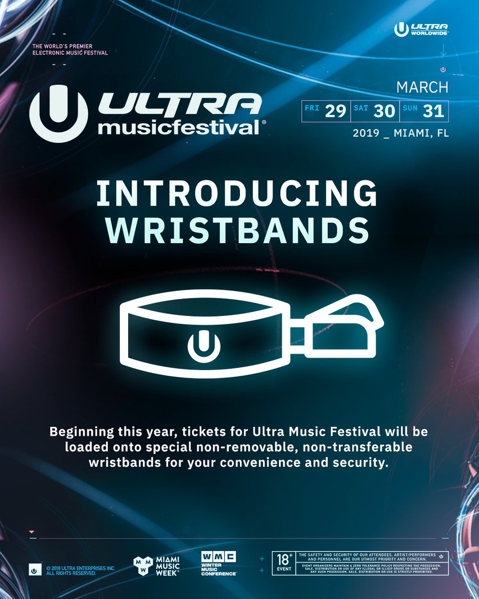 ultra's tweet photo. Beginning this year, tickets for Ultra Music Festival will be loaded on non-removable, non-transferable wristbands for your convenience &amp; security. Each day, attendees will scan their wristbands at the festival gates for entry. https://t.co/Qw6OTjaSmw