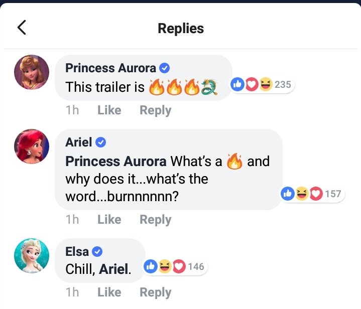 draikjack's tweet photo. The princesses are taking to each on the Facebook post of the trailer I am YELLING https://t.co/mrHdh4FpOB