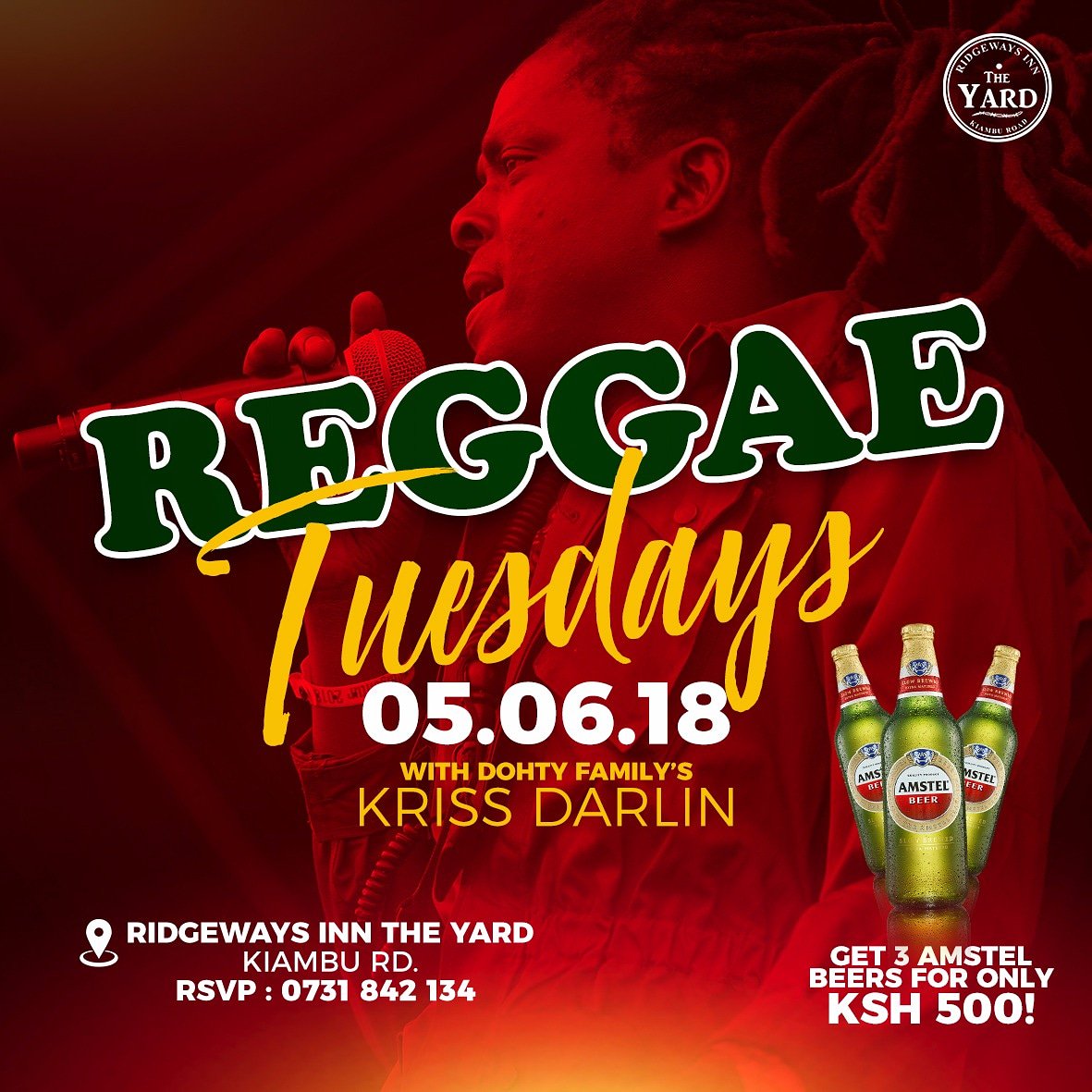 Enjoy the best Reggae Music in town tomorrow night at <a href="/inn_yard/">Ridgeways Inn-The Yard</a> hosted to you by Dohty Family Sounds, <a href="/KrissDarlin/">KRISS DARLIN</a> 💯 🍻 Get 3 Amstel Beers at the price of 500/= ONLY! 
Reggae vibes at your No. 1 local #TheYard #KiambuRoad #KiambuRoadNights