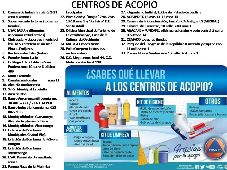 CONRED INFORMA. Estos son algunos centros de acopio que se han habilitado, también puede dirigirse a las municipalidades de Escuintla, Sacatepéquez y San Pedro Yepocapa, Chimaltenango.