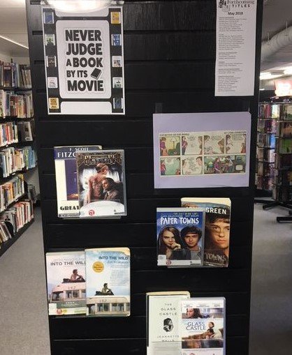 cadl's tweet photo. Never judge a book by its movie! What an awesome display at CADL Foster. https://t.co/6NYQuTN16u https://t.co/8XQBvoGSbh