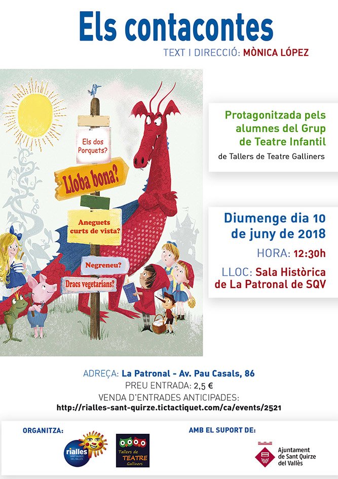 El Bosc de les Fades ➕ El Contacontes, protagonitzades pels alumnes del Grup de Teatre Infantil de Tallers De Teatre Galliners arriben diumenge 10 de juny a les 12:30h a La Patronal de #SQV.
🔖 Text i direcció 👉 Mònica López
rialles-sant-quirze.tictactiquet.com/ca/events/2521/