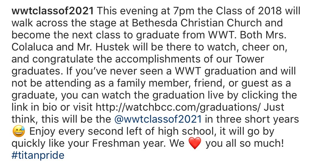 wwtclassof2021's tweet photo. You can watch this evenings graduation ceremony by visiting https://t.co/lpWDoGz7w2 Just think, this will be the @wwtclassof2021 in three short years 😅 Enjoy every second left of high school, it will go by quickly like your Freshman year. We ❤️ you all so much! #titanpride https://t.co/peHnwRMGZZ