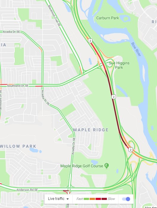 NewsRadioCGY's tweet photo. #yyctraffic Crash on Deerfoot Trail at Anderson Road/Bow Bottom Trail in SB lanes. Traffic already stacking from Deerfoot Meadows & building #Ominously https://t.co/PoirLoJPmJ