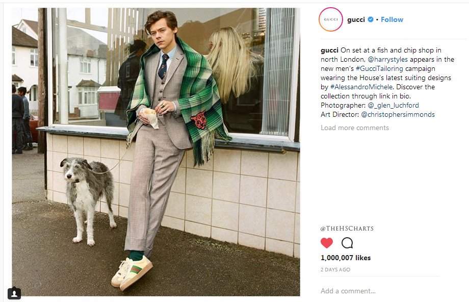 med undtagelse af forkæle Foran dig Harry Styles Charts on Twitter: "Update: The picture of Harry Styles in the  new men's Gucci Tailoring campaign has now over 1 MILLION likes on  Instagram. https://t.co/sUObSWXF7T" / Twitter