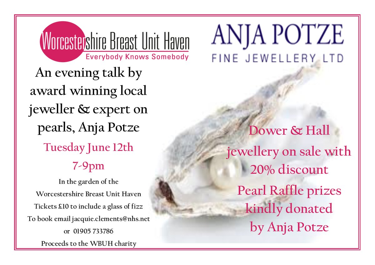 AnjaPotze1's tweet photo. Our next event is Tuesday 12th June at the@wbuhaven where Anja will be giving a talk on pearls where all lucky guests will not only be able to enjoy a glass of fizz; but also enjoy 20% off! Help us raise more money for such a fantastic cause. #worcestershirehour https://t.co/aERvIMvR26