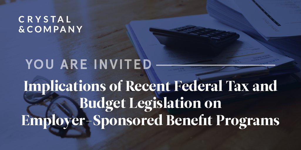 Crystal_Company's tweet image. Join us for a complimentary webinar this Wednesday at 3pm EST and get up to speed on the latest news regarding tax and budget legislation that could impact your benefits program. Register here: bit.ly/2Lji3xg