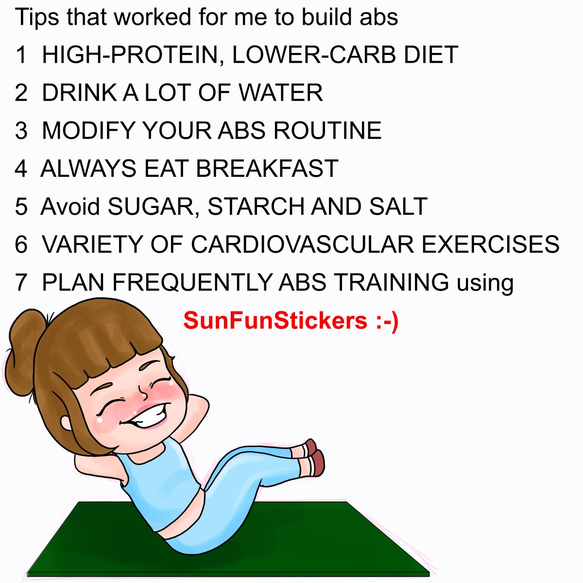 SunFunStickers's tweet photo. Abs are one of the most difficult to tome. Its hard work and consistent work!! Tips that worked for me:
1  HIGH-PROTEIN, LOWER-CARB DIET
2  PLAN FREQUENTLY ABS TRAINING using SunFunStickers!!!
#MondayMotivation #SunFunStickers #plannerstickers #abs #fitness #health https://t.co/Tp6zfWBSW6