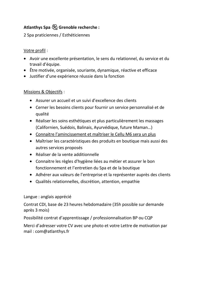 Atlanthys Spa 🌺 Grenoble recherche :
2 Spa praticiennes / Esthéticiennes