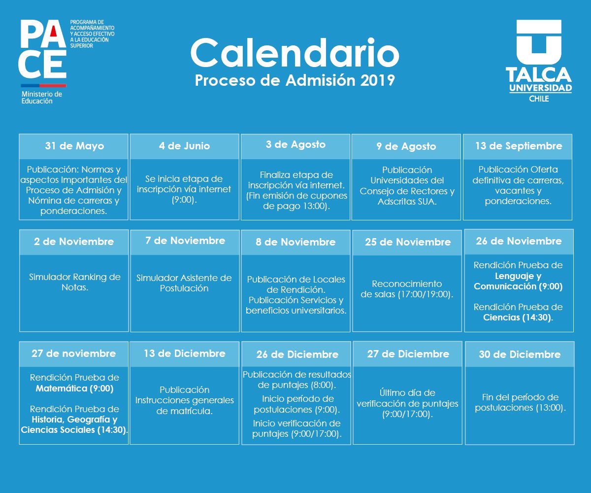 PACE_UTalca's tweet photo. ¿Quieres estar informado del Proceso de Admisión 2019? 🔎
El Equipo #PACEUTalca preparó este calendario para que no pierdas ninguna fecha 🗓️ https://t.co/HuT5qwe3cA