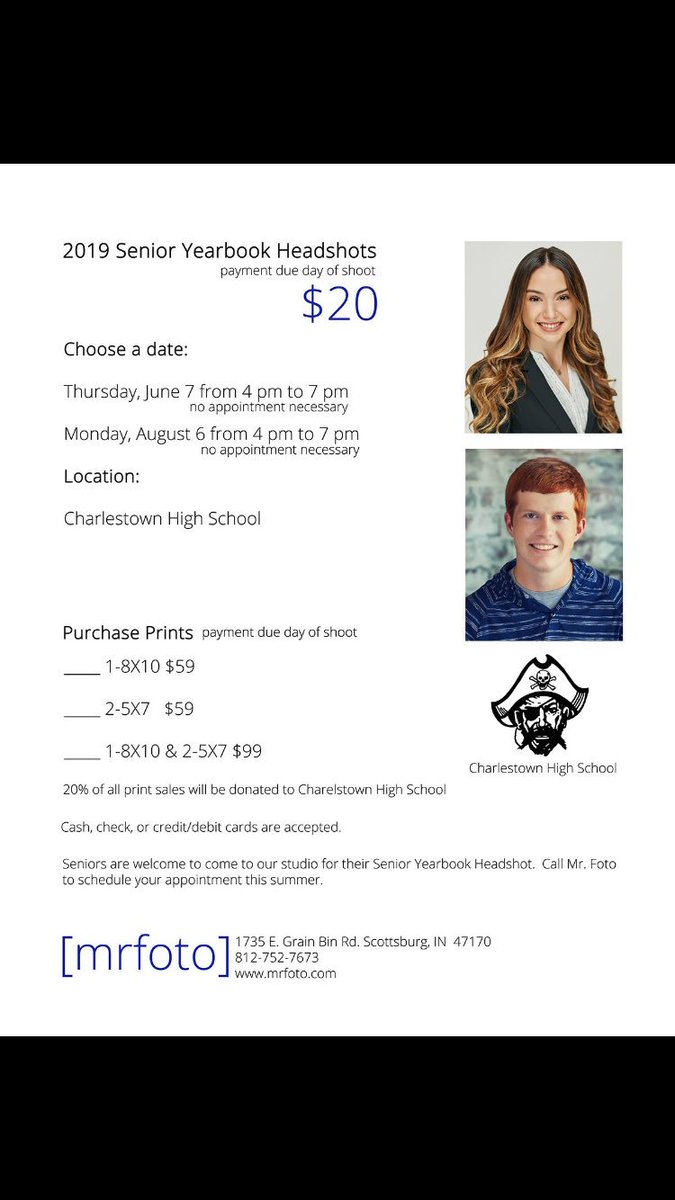 Our photographer will be at CHS this Thursday from 4-7 pm to take Senior Headshots.  The cost is $20, you can pay by cash, check, or charge. This is the picture used for the yearbook &amp; the CEEF Banner that will hang around town. Please enter through door 29.