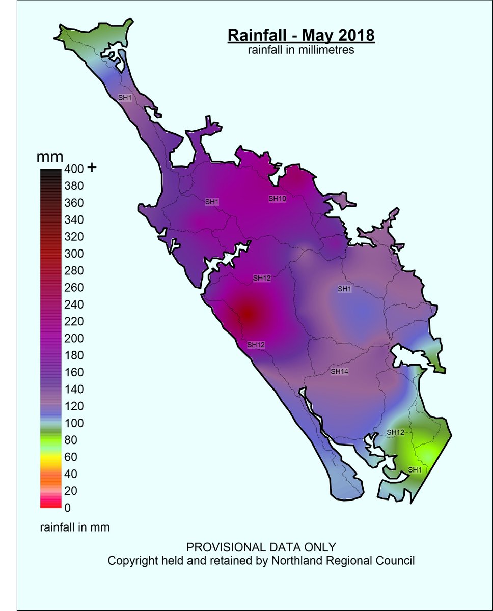 NRCexpress's tweet photo. Take a look at the Northland #rainfallmap for May. In terms of actual millimetres of rainfall, the region as a whole averaged 142mm with the driest being Hakaru at Topuni Creek Farm (73mm) and the wettest, Waimamaku at Wekaweka Road again (304mm): https://t.co/8kX6MJCEza https://t.co/CTs5dCqqqH