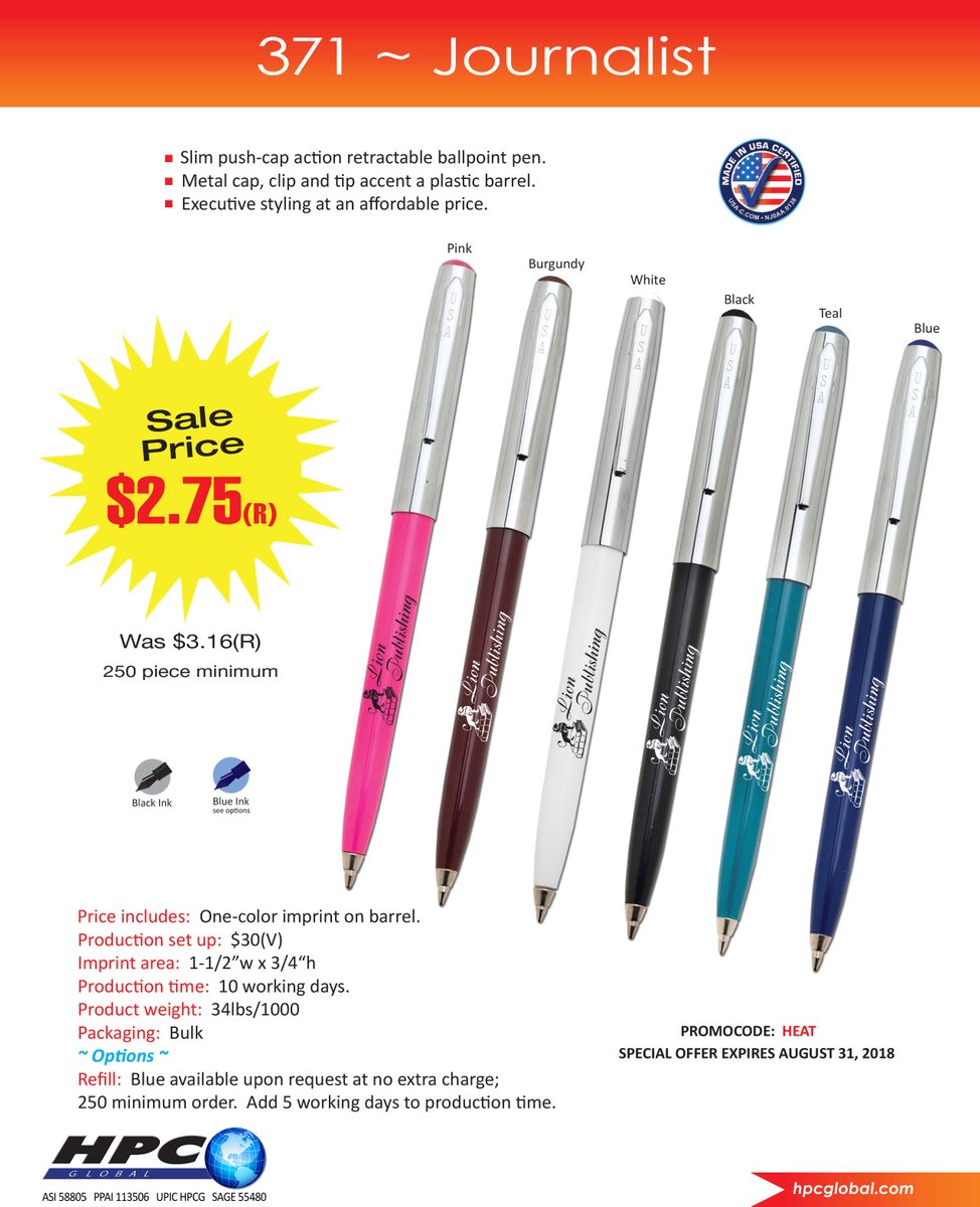 HPCGlobal1's tweet photo. SPRING/SUMMER SALE...........CHOOSE BLACK OR BLUE INK!  #PENPROMO
#PENSALE #PROMOSALE #BLUEINKPEN #BLACKINKPEN #BLUEINKPROMO #BLACKINKPROMO https://t.co/4fUxevcjEn
