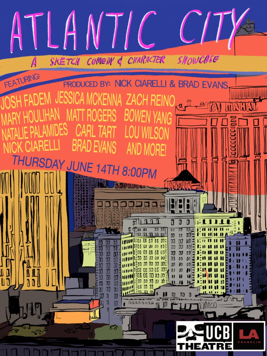 AtlanticCityLA's tweet photo. The comedy show Atlantic City is back next Thursday 6/14 8pm at @ucbtla. Featuring performances from @joshfadem @maryhoulie @JessRMcKenna @ZachReino @natdogkatdog @MattRogersTho @DammitCARL @The_SweetestLou @bowenyang @nickciarelli @bradfordevans and more https://t.co/7z6wEAsg43 https://t.co/UzOTe7Mud0