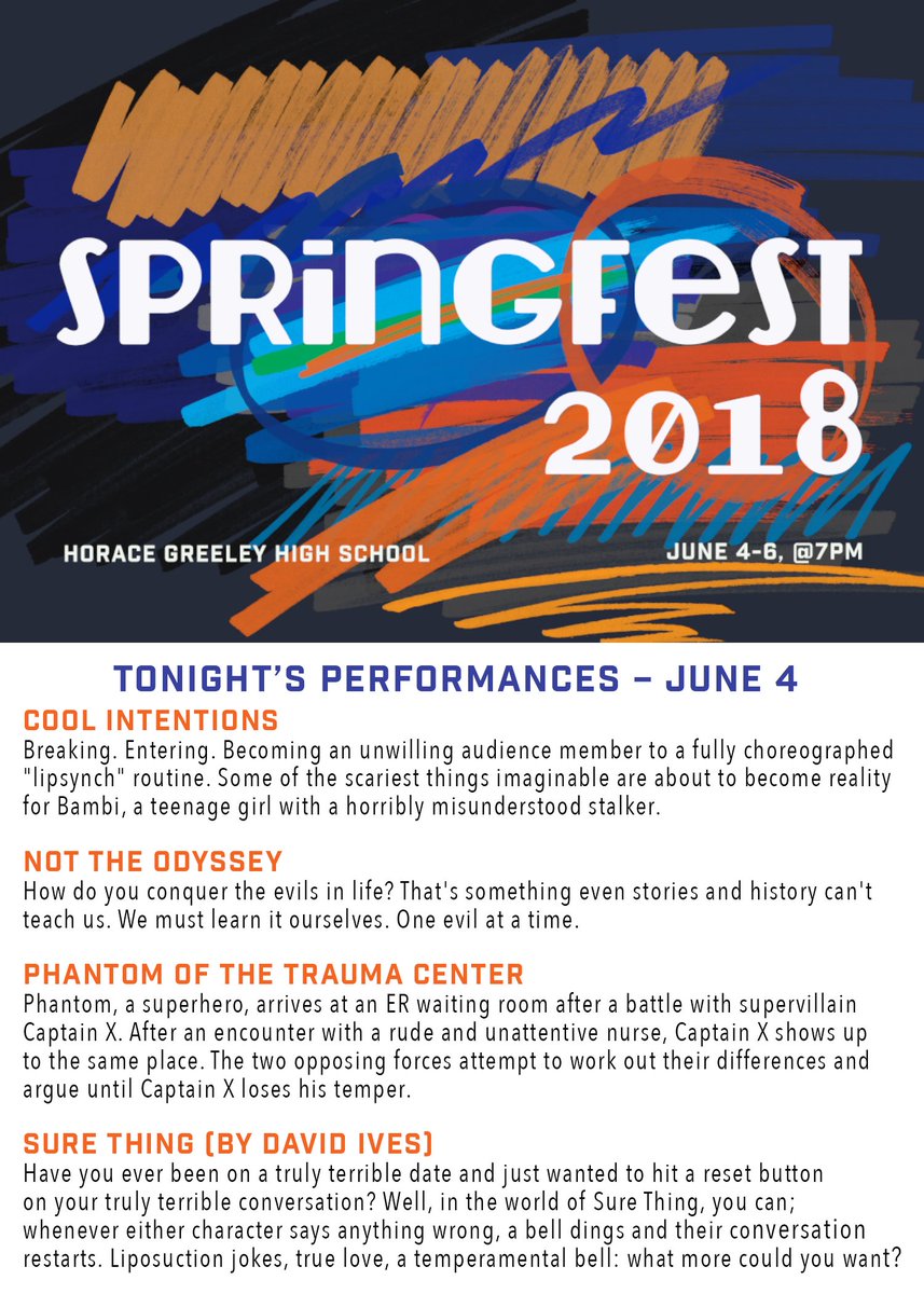 GreeleyTheater's tweet photo. Check out tonight's line-up for #Springfest2018! #HGHS #GreeleyTheater #Chappaqua  #TheatreEd #ArtsEd #ArtsInEducation #TheatreInOurSchools https://t.co/0ANfyjbwG9