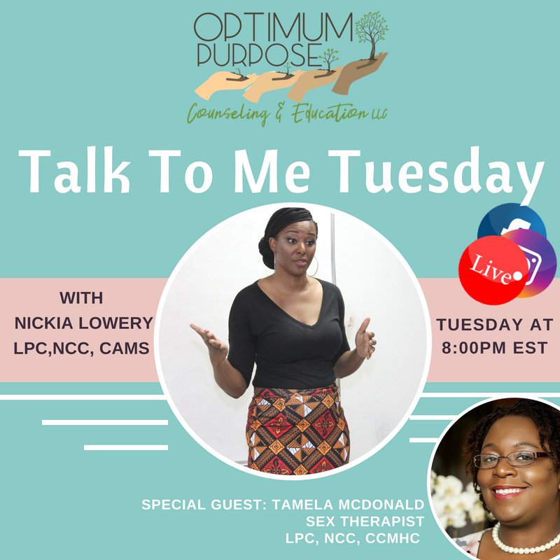 OptimumPurpose's tweet image. Who’s ready for an all new #TalkToMeTuesday⁉️ Join us on Tuesday at 8pm EST as we discuss relationships and “situation-ships” with relationship expert, Tamala McDonald. 
#Relationships #Love #Goals #OptimumPurpose #Therapy #Counseling