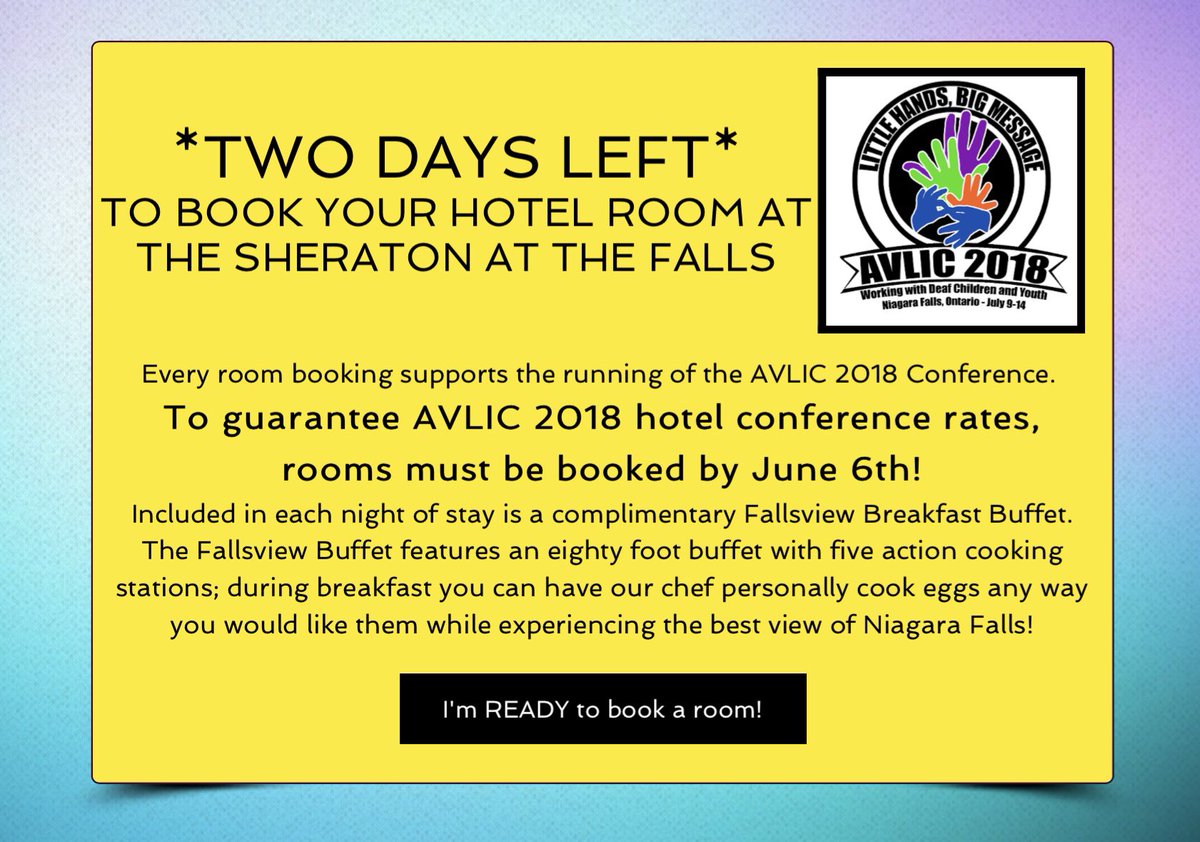 AVLIC2018's tweet photo. 2 Days Left... Getting excited!
That AirBnb look tempting? Don't do it!! Staying at the conference hotel allows you the opportunity to network with delegates from around the world and catch up with colleagues.  June 6th is the deadline for conference rates! https://t.co/QTcxT3SP6U