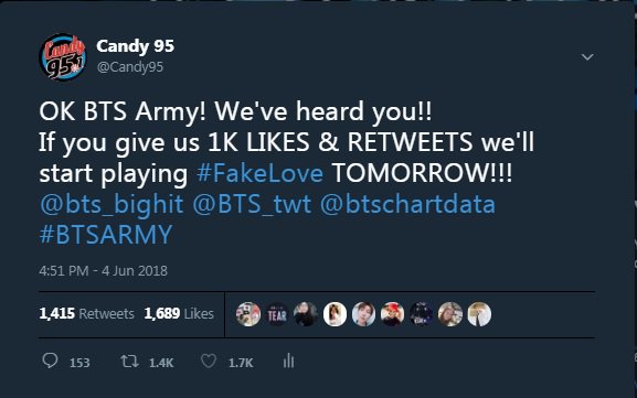 We figured you would knock that one out pretty quick but apparently y'all got jokes!! Tell you what! Give us 25K RETWEETS & LIKES and we'll double the spins for #FakeLove tomorrow!!! @BTS_twt @bts_bighit @btschartdata #BTSARMY