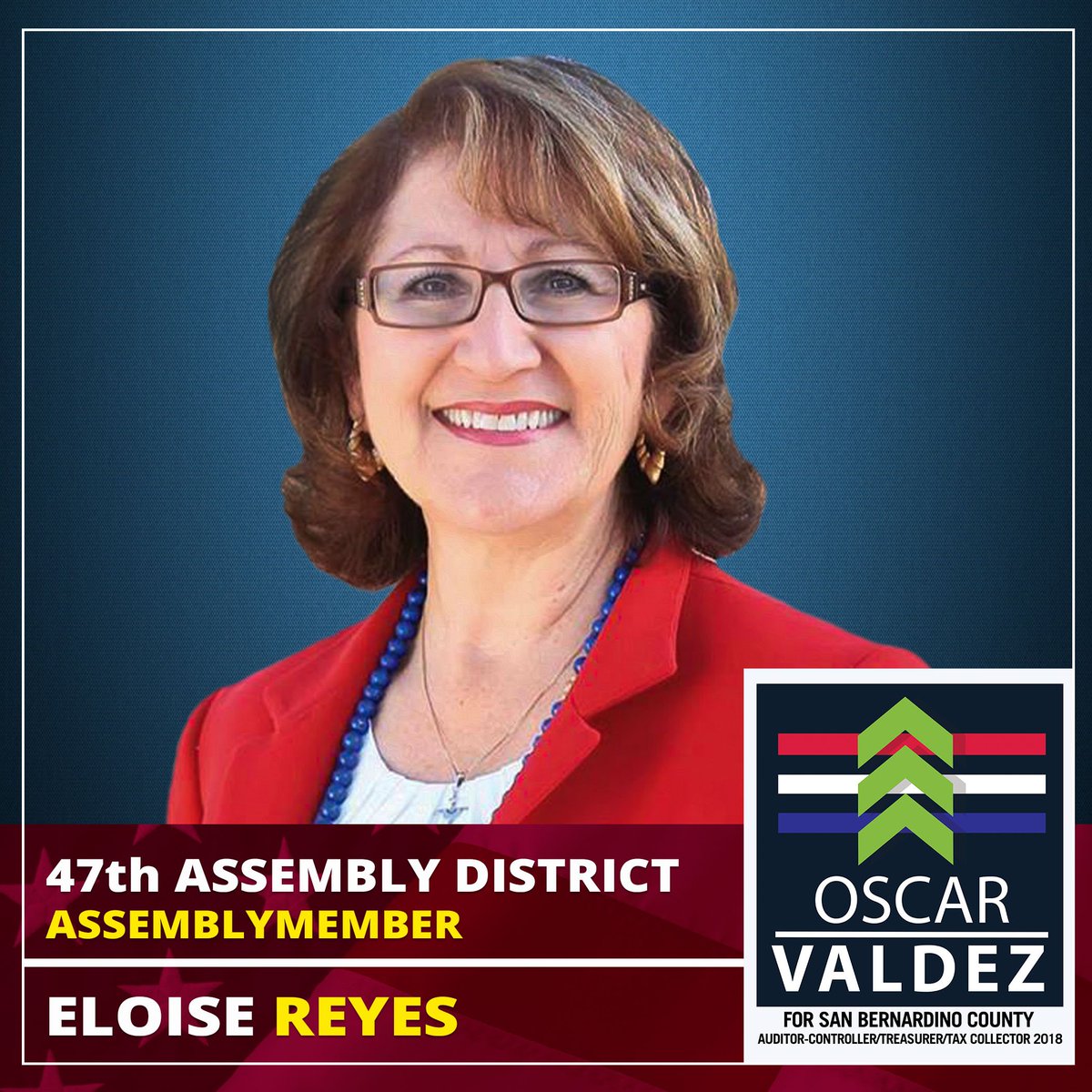 OscarValdez2018's tweet photo. Assemblymember Eloise Reyes - 47th Assembly District endorses Oscar Valdez for San Bernardino County
Auditor - Controller / Treasurer / Tax Collector 2018
#OV2018 #GOTV @AsmReyes47 https://t.co/0wJHODySE8