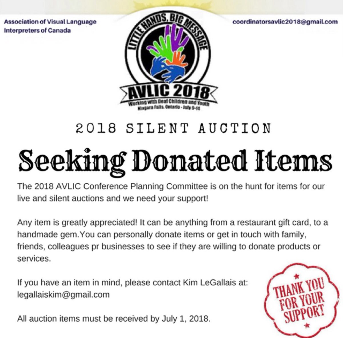 AVLIC2018's tweet photo. AVLIC 2018 seeking auction donations!  Any item is greatly appreciated! It can be anything from a restaurant gift card, to a handmade gem.

If you have an item in mind, please contact Kim LeGallais at: legallaiskim@gmail.com

All auction items must be received by July 1, 2018. https://t.co/H1RMye6pDY