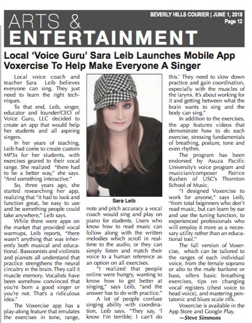 Nice to start off the week with some more great press for <a href="/Voxercise/">Voxercise! Vocal Warmup App!</a>.  Thanks to the Beverly Hills Courier for the feature! #Voxercise #Singing #SingingApp <a href="/BHCourier/">The Beverly Hills Courier</a>