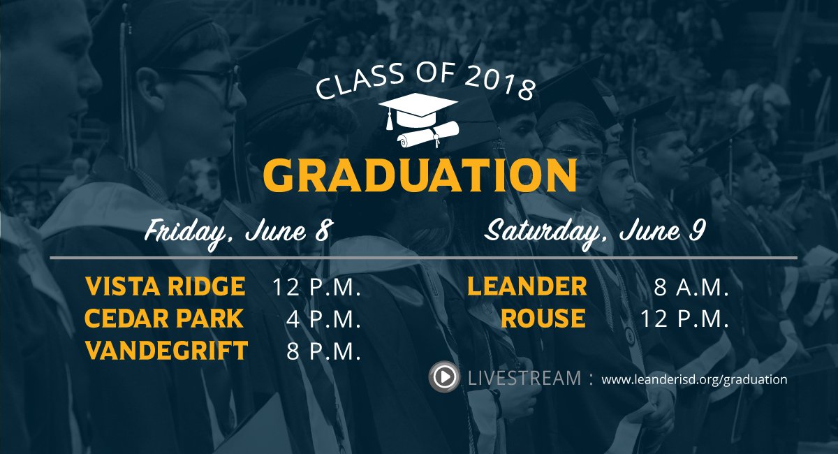 It's the LAST week of school, and we are days away from our graduation ceremonies. Congratulations to the Class of 2018! 

Visit leanderisd.org/graduation for more information, or check out the Events section of our FB page at facebook.com/pg/LeanderISD/… #1LISD