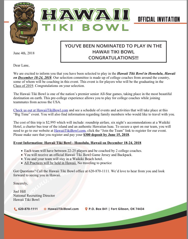 RossLane5's tweet photo. Blessed to be invited to the Hawaii Tiki Bowl in December‼️ https://t.co/asBIIpuE5G