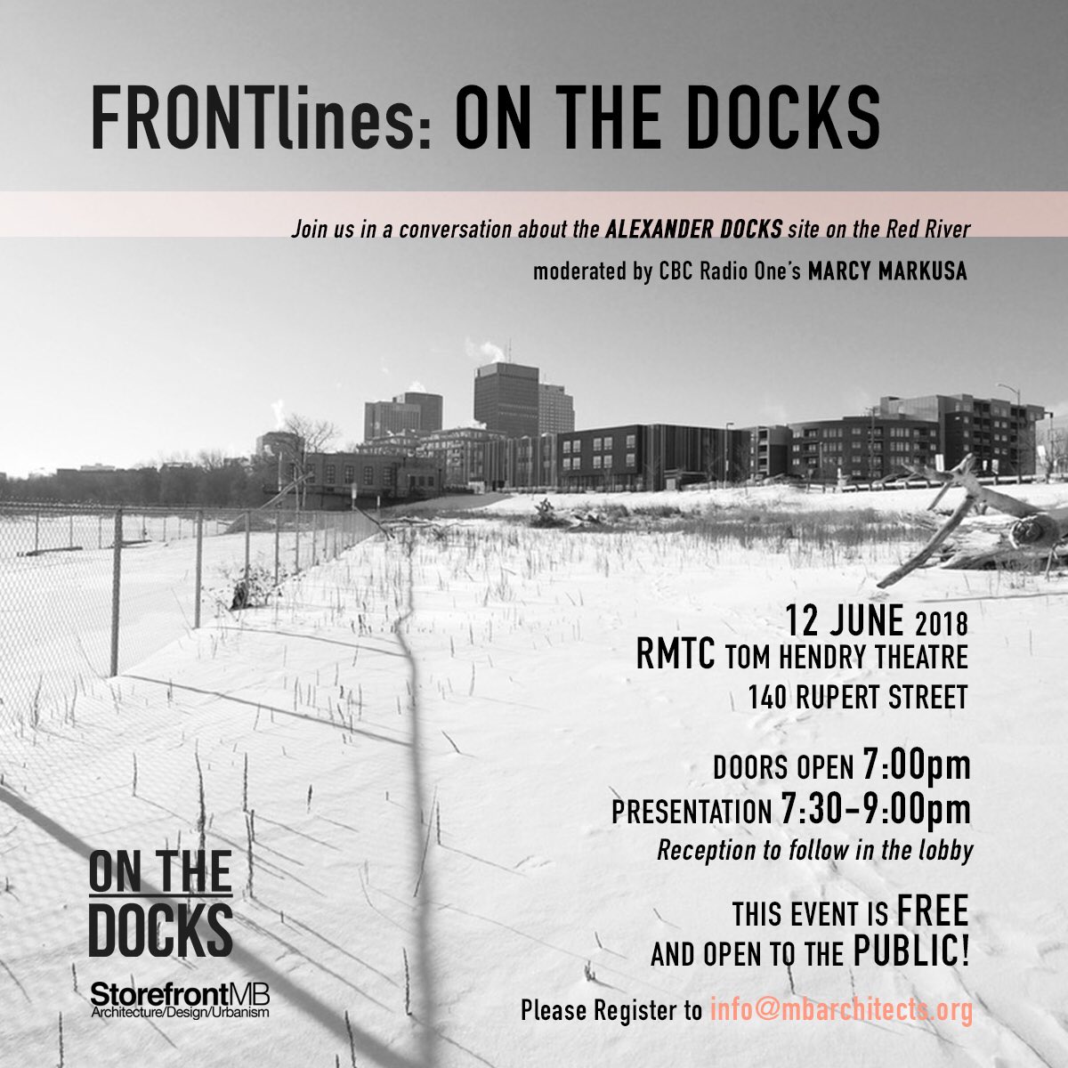 storefrontMB1's tweet photo. Join us in a conversation about the Alexander Docks site on the Red River. Four entries from the recent On the Docks ideas competition will be presented by the authors and discussed by our distinguished panelists. Don’t forget to RSVP your attendance at info@mbarchiects.org https://t.co/R6s0ikWTKR