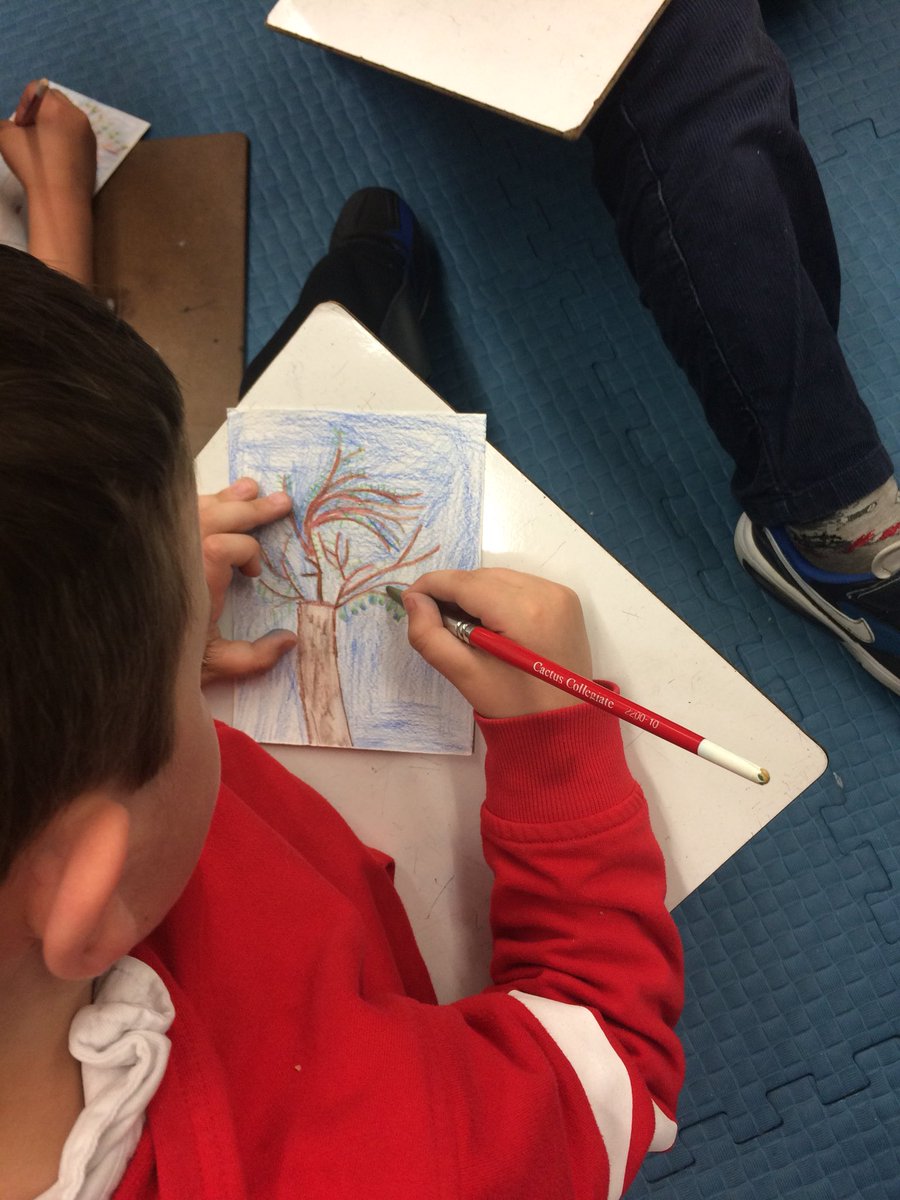 MPSgr1Harrison's tweet photo. Using a new medium for art today.  Water colour pencil crayons were tricky to use as we painted our tree.  We went outside to see what changes have occurred and we are wondering if our tree would make a good wishtree.... https://t.co/NYREHHub5D