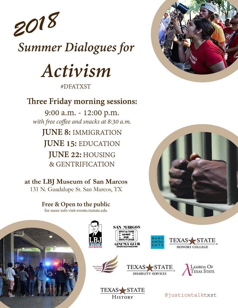 PhilosophyTxst's tweet photo. Looking for something to do this summer at #TXST and #SMTX? check out the 2018 Summer Dialogues for Activism. the Dialogues for Activism seek to nurture discussions and communities dedicated to critical challenges of social change. #DFATXST
For more info:
https://t.co/WQzALAIvSx https://t.co/gqYbpbzfyn