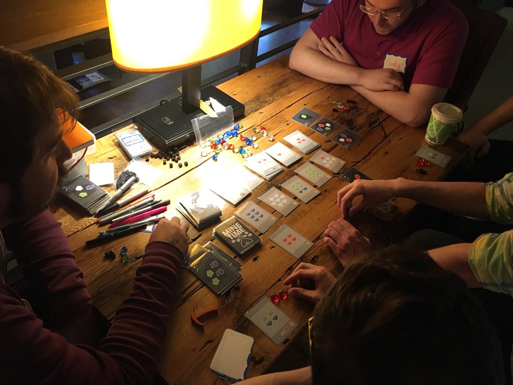 FlatoutGames's tweet photo. #designdiary 2018-05-30 Awesome time with lovely folks at Via6 for designer night! Got #MineTime to the table for a 5P playtest and although the length needs tuning, the overall bidding and collection mechanics seemed to work! Also played @chris_glein ‘s new digging game! https://t.co/F6zltS9ebp