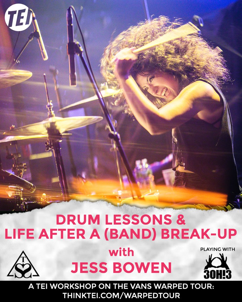 A couple months ago I asked if anyone would be interested in taking some drum lessons with me this summer, so I'm thrilled to announce that I will be hosting @thinktei workshops presented by @ea_schoolofmusic while on the @vanswarpedtour! Go to thinktei.com/jessbowen to sign up!