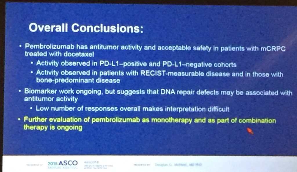 Dr_RaviMadan's tweet photo. Dr Doug McNeel @UWCarbone reviews #immunotherapy studies in #asco18 #prostatecancer oral abstract session with #prostvac &amp; #Pembrolizumab. Little efficacy of these modalities individually - combinations maybe key to better results and those trials are underway. https://t.co/556XBZklid