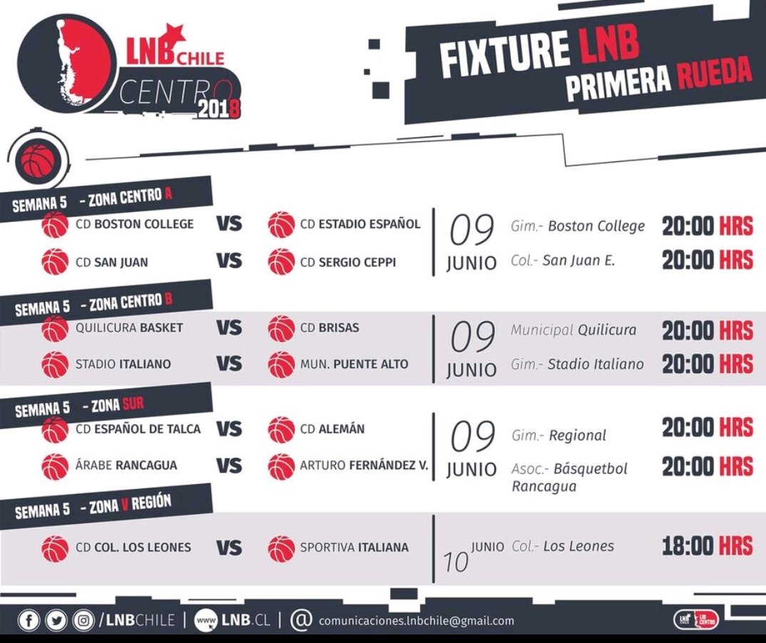 liga_nacional's tweet photo. ¡ PROGRAMACIÓN LISTA 🏀!

Revisa el programa para fecha 5  de #LNBCentroChile 🏆 en la siguiente imagen 💪 https://t.co/MlWAottthM