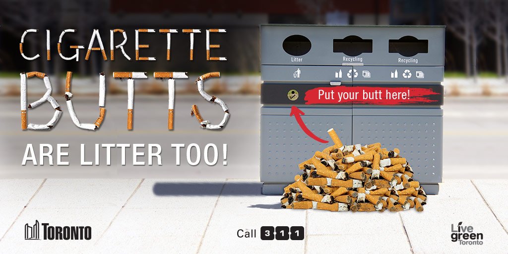 cityoftoronto's tweet photo. Cigarette butts are small, but they are a big litter problem in Toronto. They take up to 12 years to break down.  Don’t throw them on the ground. They go in the special receptacle for #CigaretteButt disposal in street litter/recycling bins. https://t.co/xAMc5gJlGb https://t.co/QD0V6x5rFP