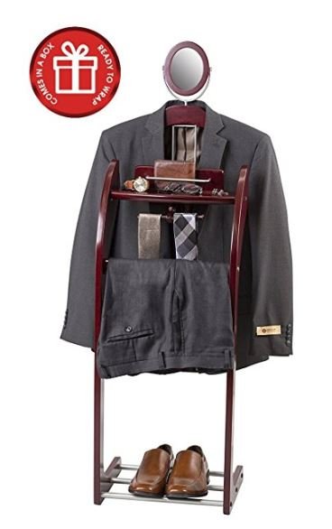 StorageAid's tweet photo. BACK IN STOCK!  Executive Clothes Valet Stand - Beautiful Solid Hardwood Valet Clothing Hanging System w/ Mirror, Rack for Shoes, Tray for Cell phone and Keys, #fathersdaygifts https://t.co/P8hzSjHXgE $99.99 https://t.co/GxuNkcgSes