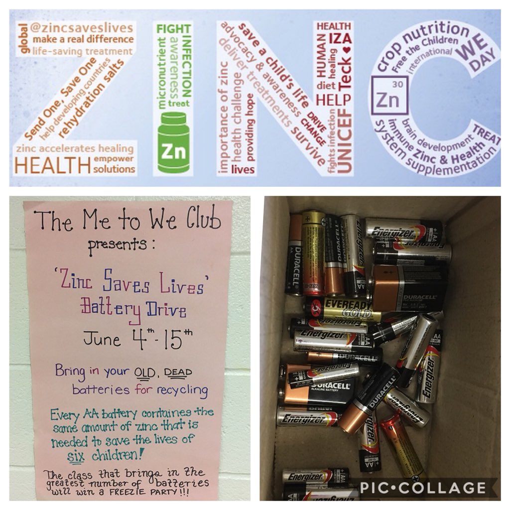 The Me to We Club ‘Zinc Saves Lives’ Used Battery Drive is underway. Send in your old, dead batteries and a donation will be made to support UNICEFs nutritional health programs. The classroom with the most batteries donated will win a freezie party. <a href="/ocdsbswcps/">SWCPS</a> <a href="/ZincSavesLives/">Zinc Saves Lives</a>
