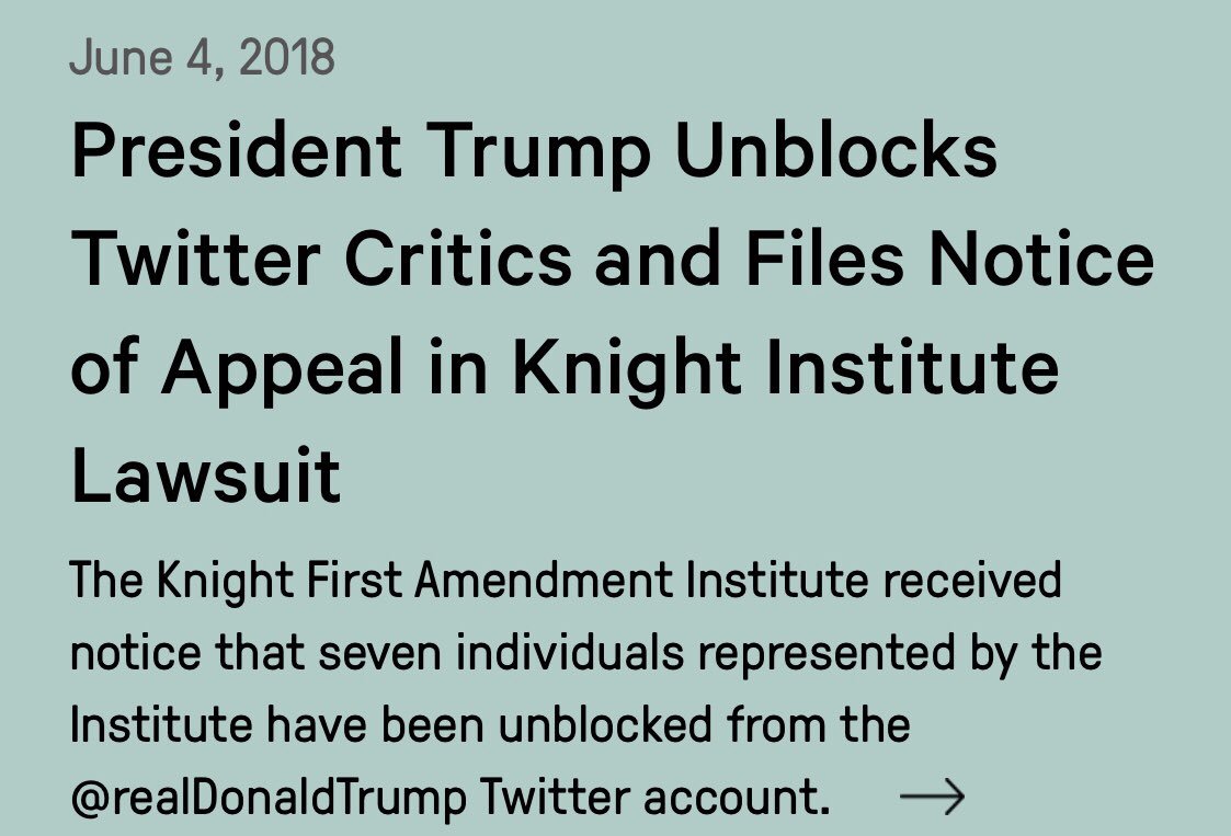knightcolumbia's tweet image. After defeat in court, the White House has unblocked the plaintiffs in @knightcolumbia v. @realDonaldTrump — but many others are still blocked. If you’re one of them, we’d like to hear from you at info@knightcolumbia.org.