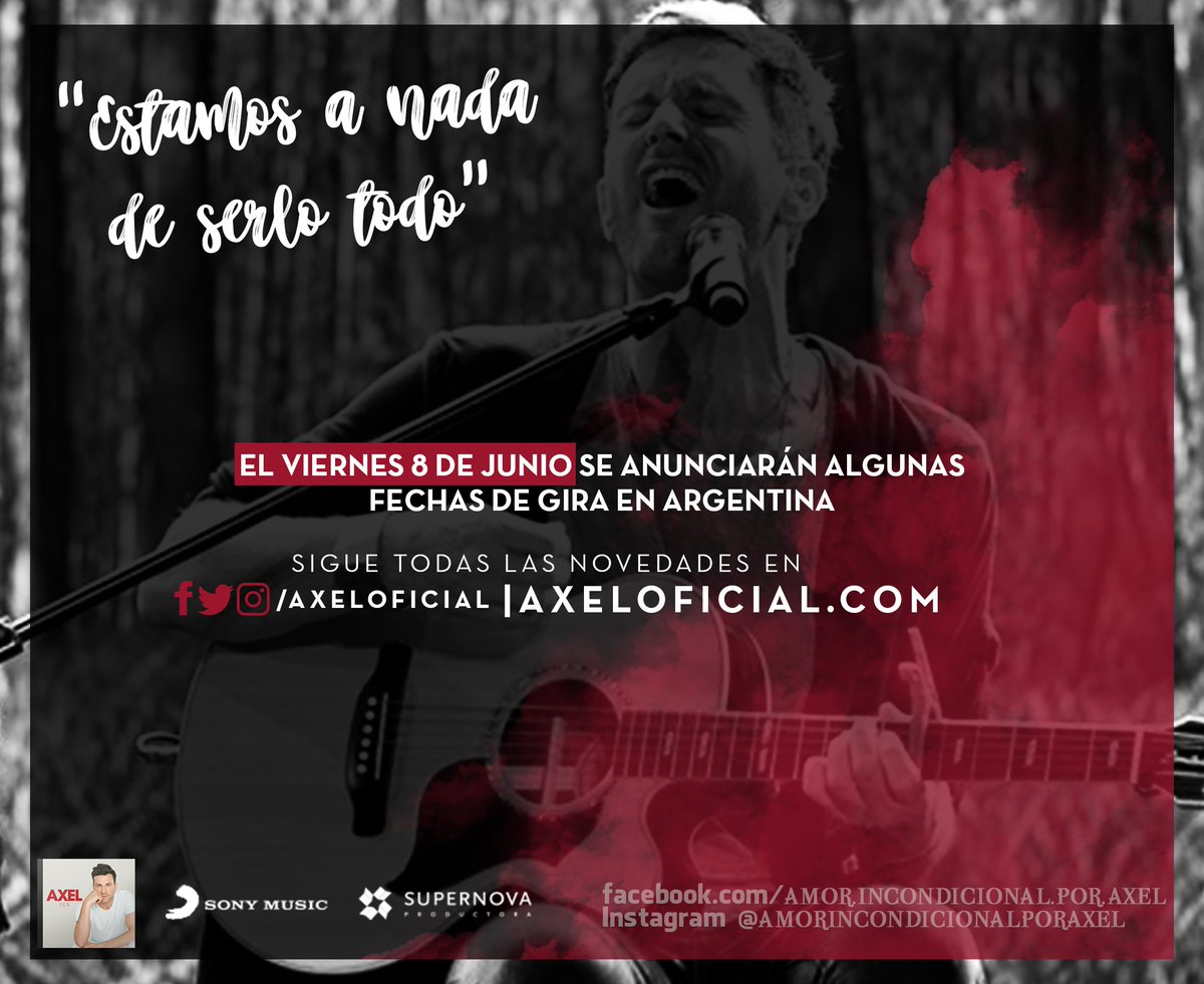 a__nicolas's tweet photo. 8 DE JUNIO | NOVEDADES #Axel #Ser #SerTour 
Mediante una entrevista con @Radio10 #sabadode10 el pasado 2 de junio, @AxelOficial reveló que en los próximos días habrá novedades de algunos conciertos por Argentina.
¡A estar atento a sus redes sociales! @SonyMusicArg @Supernovaprod https://t.co/fFpe6vSWNR
