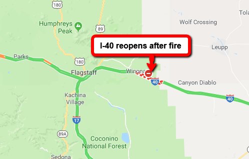 ArizonaDOT's tweet image. *** REOPENING UPDATE **** I-40 four miles east of Winona has reopened after a brush fire. This is at milepost 215.  #AzTraffic