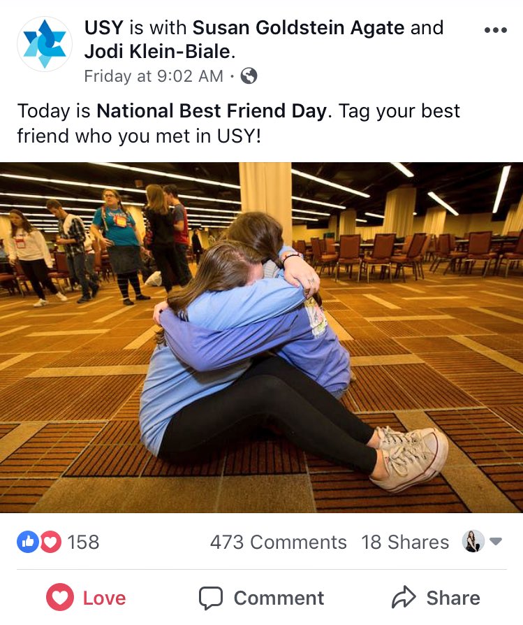 USYComm's tweet photo. Okay I know National Best Friend day passed but I’m so happy for all the friends I’ve made in USY, that Liz and I are in the pic below, AND that there are 473 comments on that post. My little Comm heart is happy💕 https://t.co/QcXe8lrKzE